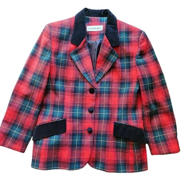 Vintage Norton McNaughton Blazer Women's Large Red Plaid Wool Blend Velvet Trim - Picture 1 of 4